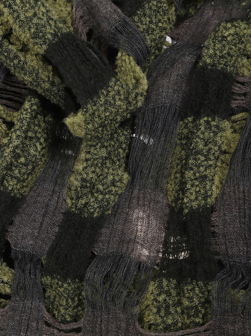 Yohji Yamamoto Openwork Check Wool Blend Scarf With Fringed Ends