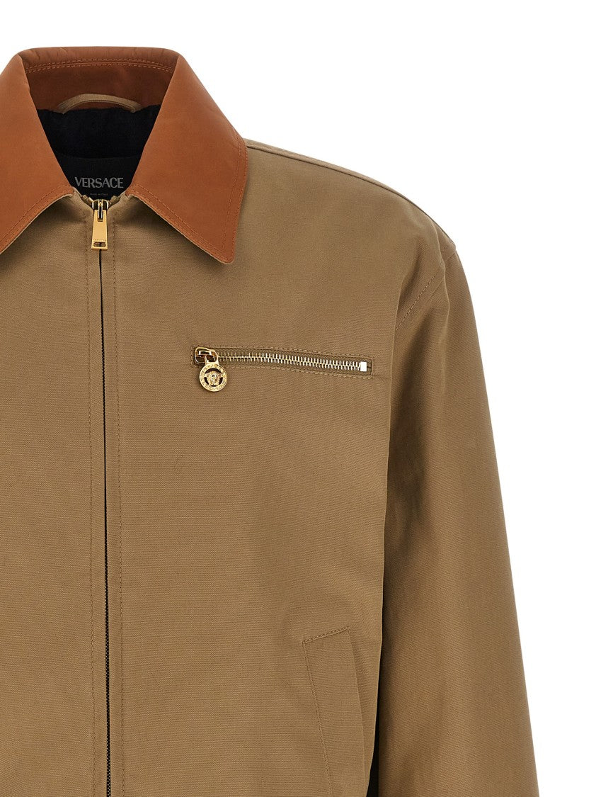 Versace Canvas Jacket With Leather-Covered Collar And Zipped Pocket