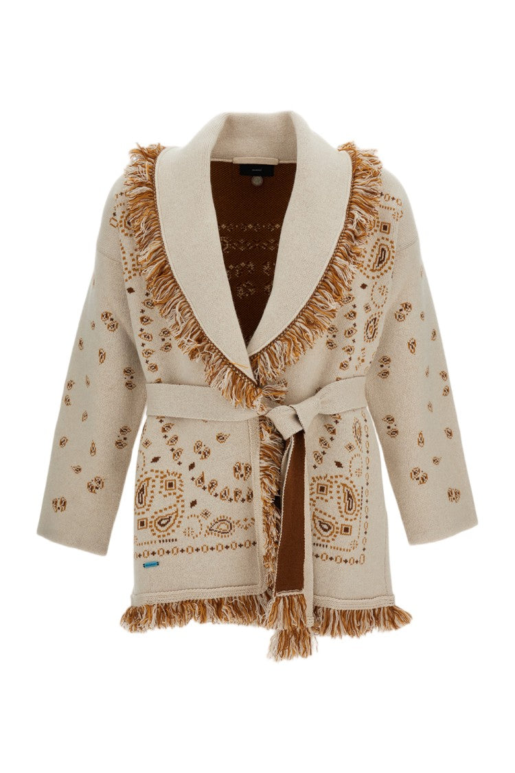 Alanui Beige Bandana Jacquard Fringed Cashmere Cardigan