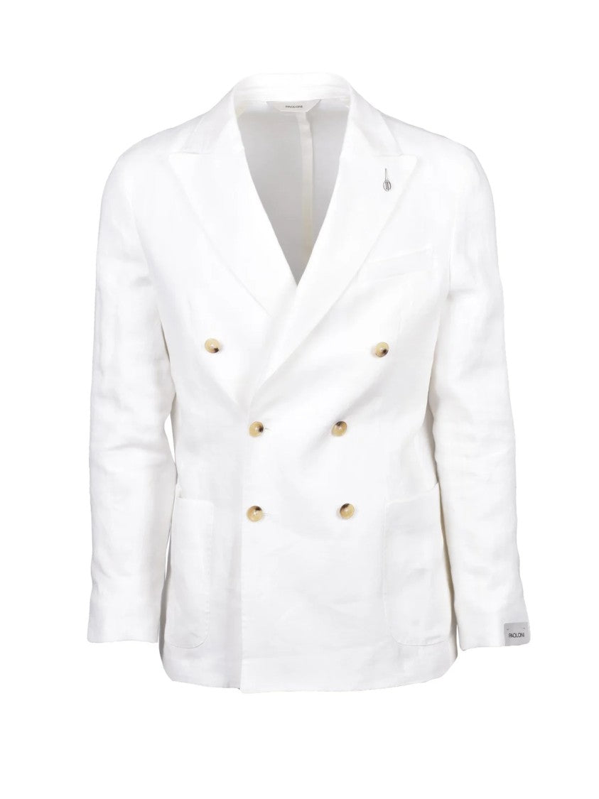 Paoloni Double-Breasted Linen Blazer Jacket - White