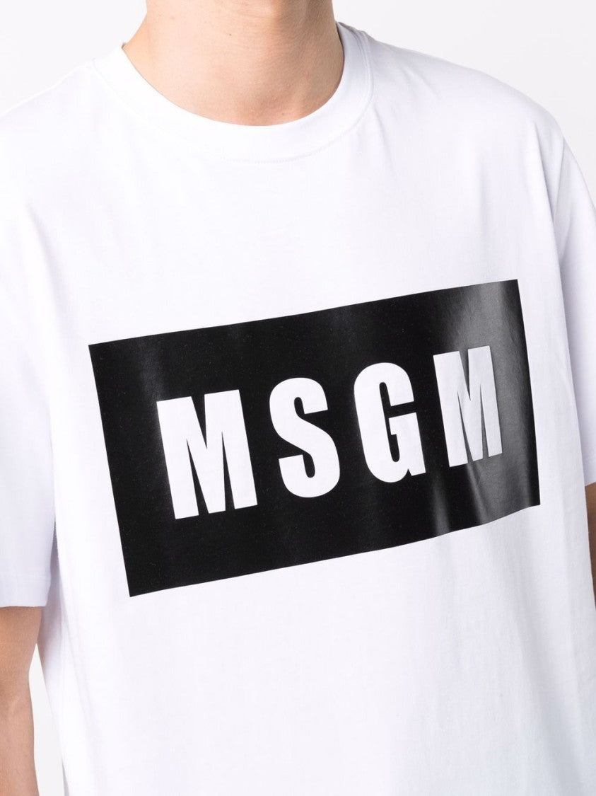Msgm Relaxed Fit White T-Shirt With Bold Black Logo Patch