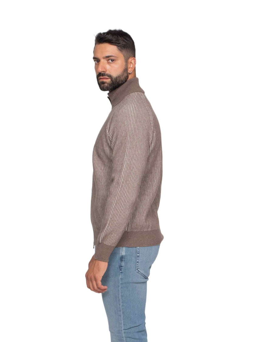 Ballantyne Brown Ribbed Zip-Up Cardigan With High Collar And Fitted Cuffs