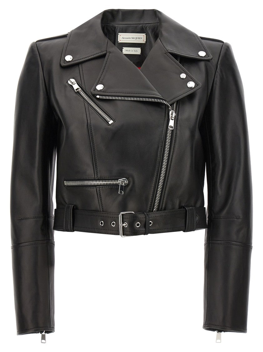 Mcqueen Cropped Leather Jacket With Off-Center Zip Closure