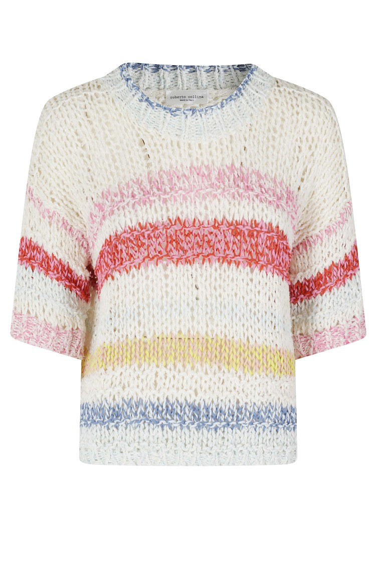Roberto Collina Ecru Multicolor Striped Ribbed Trim Cotton-Blend Sweater