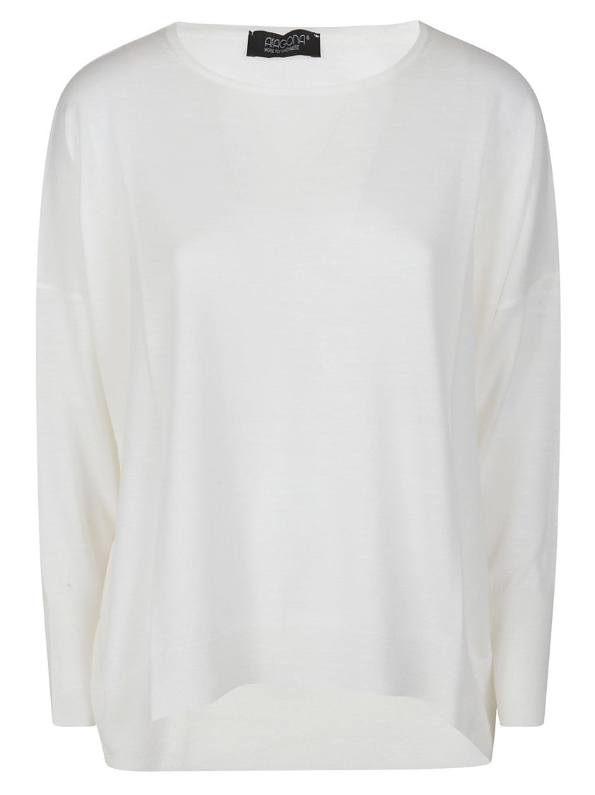 Aragona White Round Neck Virgin Wool Sweater