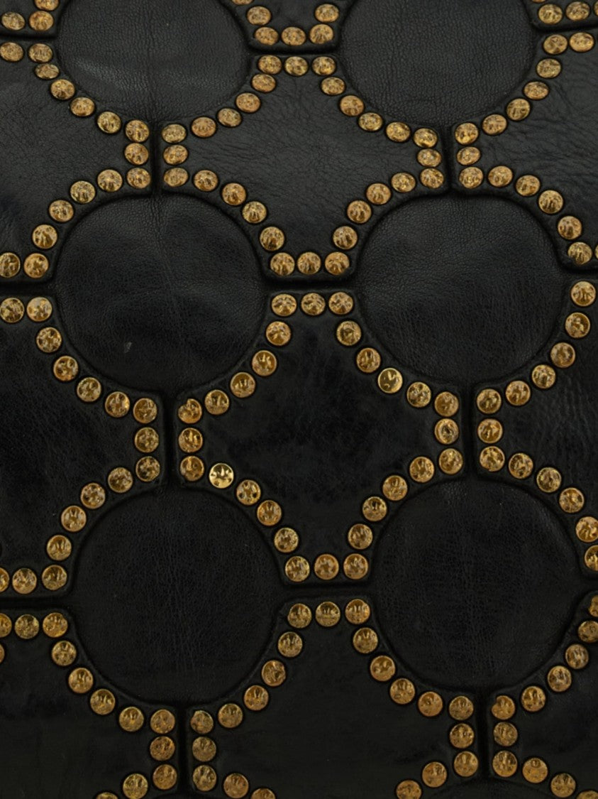 Campomaggi Black Leather Handbag With Circular Patch Design And Gold-Tone Studs