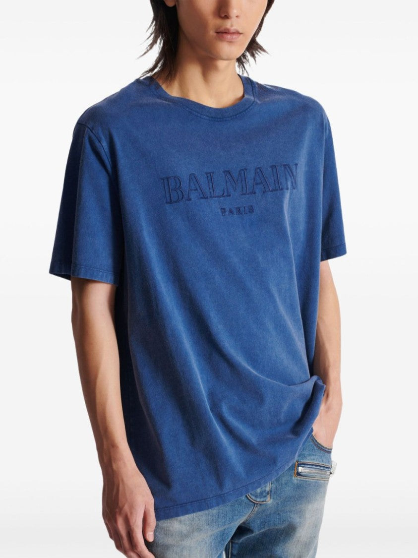 Balmain Navy Blue Cotton Tonal Logo T-Shirt