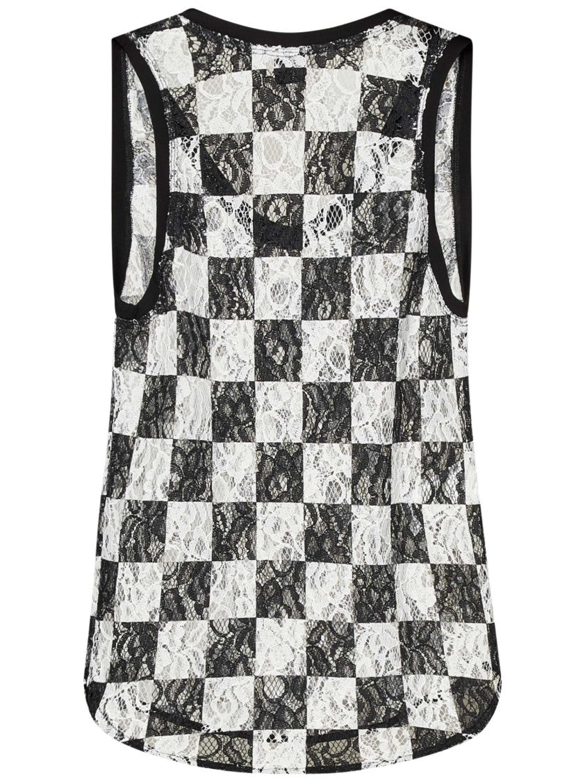 Pinko Damier Floral Lace Tank Top With V-Neckline