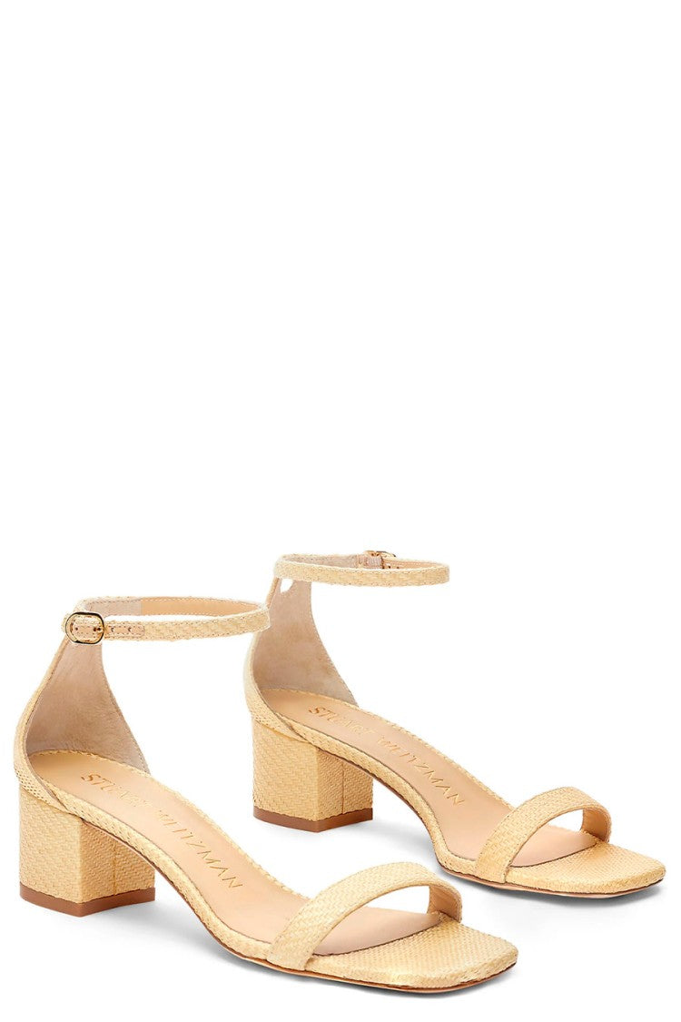 Stuart Weitzman Cream Raffia Block-Heel Ankle-Strap Sandals