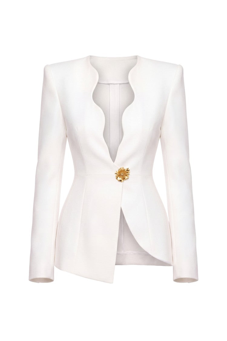 Saiid Kobeisy Crepe Fitted Jacket With Sculpted Plunge Neckline And Gold Floral Clasp