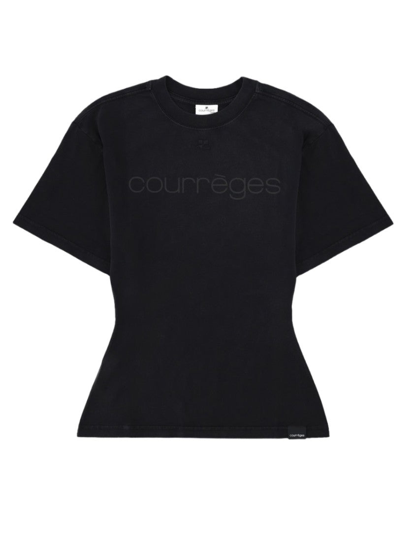 Courrèges Fitted Embossed Logo Black Cotton T-Shirt