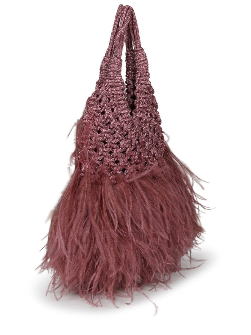 Hibourama Woven Textured Handbag With Ostrich Feather Accents