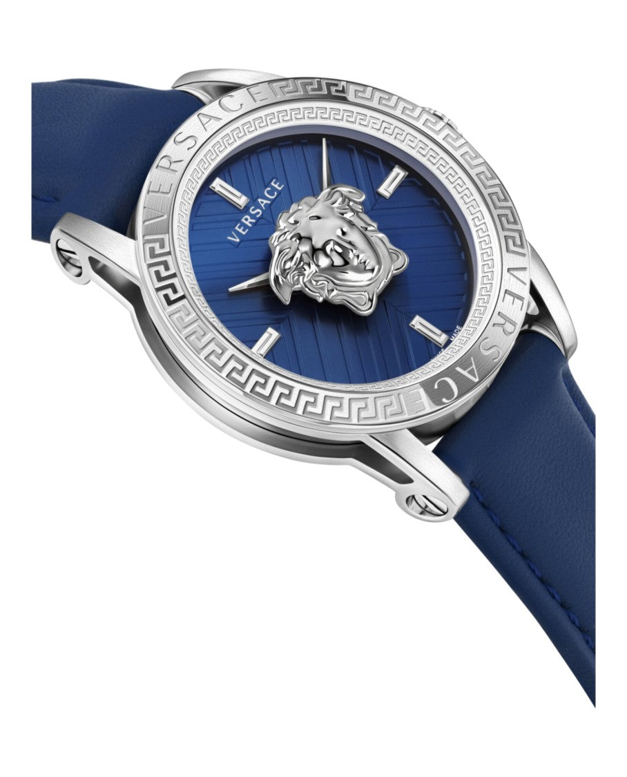 Versace V-Code Strap Watch With Blue Guilloche Dial