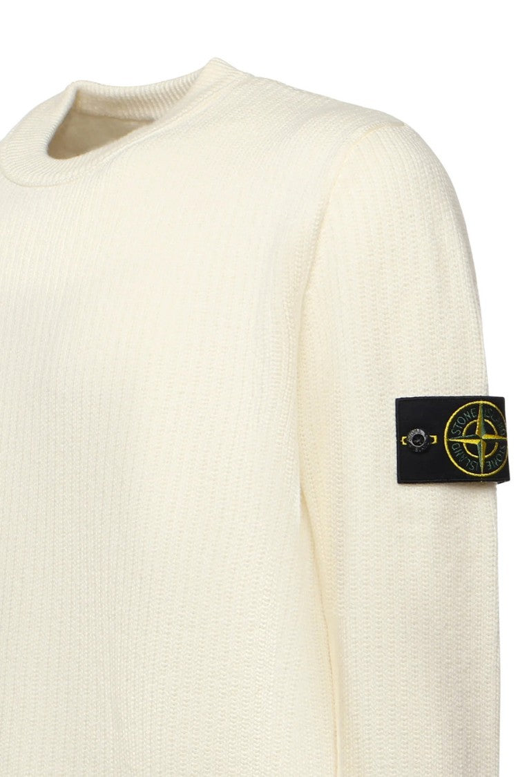 Stone Island Ivory Cotton-Elastomultiester Blend Ribbed Crew-Neck Sweater