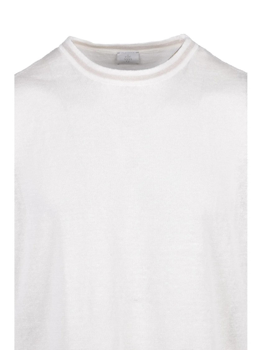 Eleventy White Linen Cotton Crew Neck Top