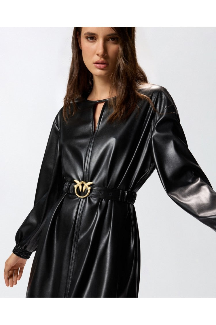 Pinko Black Keyhole Love-Bird Buckle Faux Leather Mini Dress