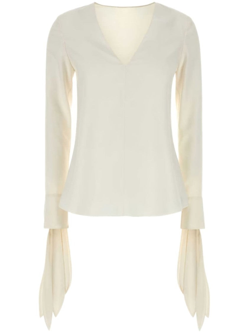 Givenchy White V-Neck Ruffled Long Sleeve Top