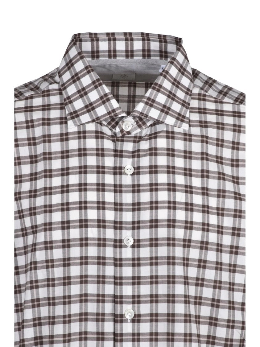 Eleventy White/Brown Checkered Pointed Collar Cotton Shirt