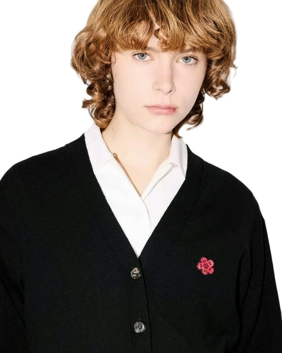 Kenzo V-Neck Black Cardigan With Floral Emblem