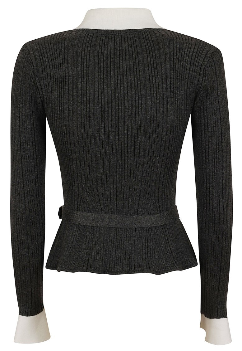 Self-Portrait Grey Fitted Ribbed Wool Pearl-Embellished Cardigan