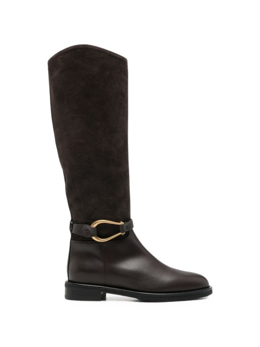 Roberto Festa Combination Leather And Suede Tall Boots With Buckle Accents