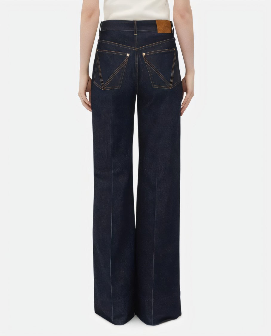Bottega Veneta High-Waisted Wide-Leg Denim Pants With Textured Patch