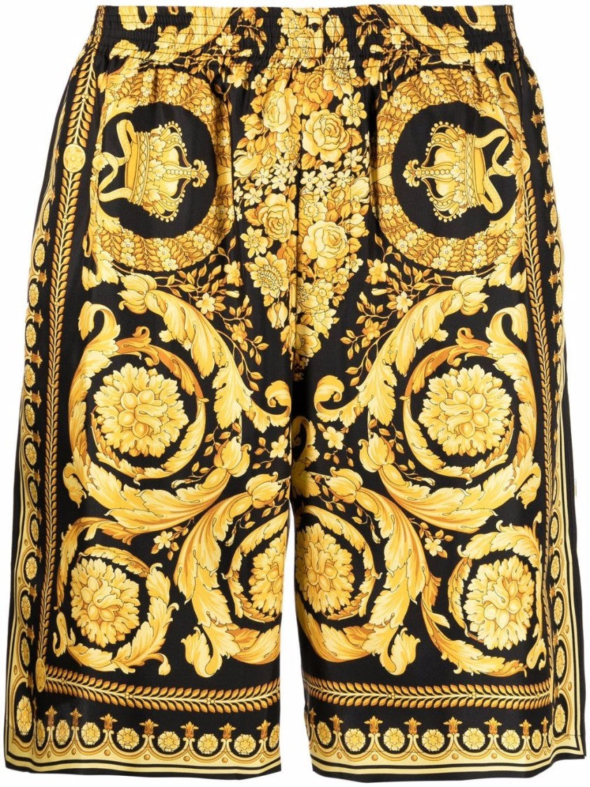 Versace Knee-Length Black And Gold Silk Shorts With Barocco Print