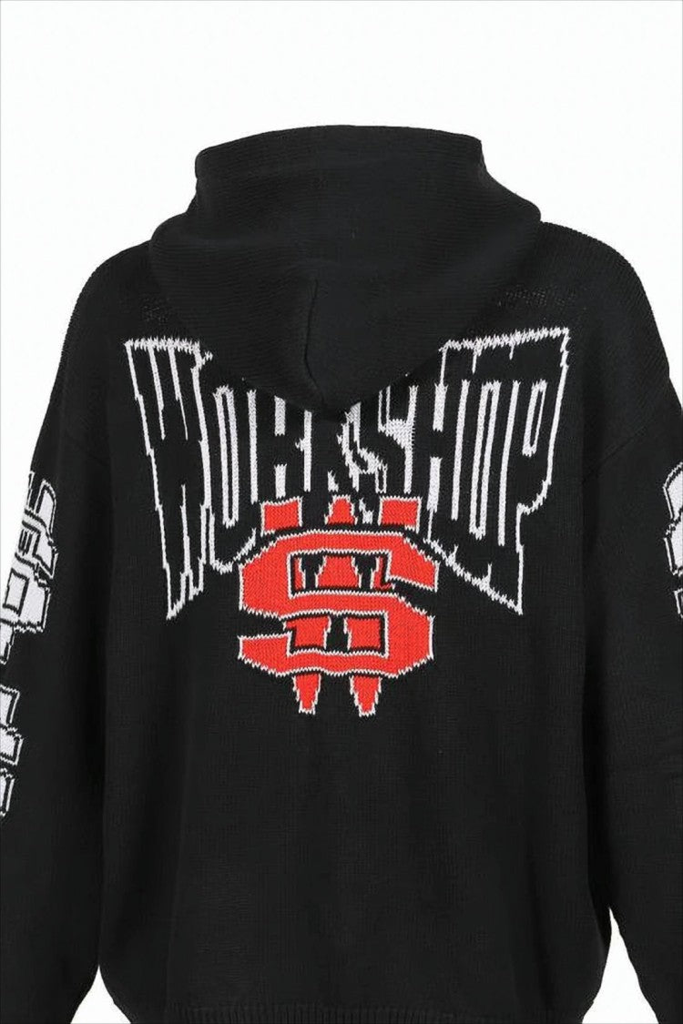032C Black Hooded Knit Sweater With Graphic Motifs