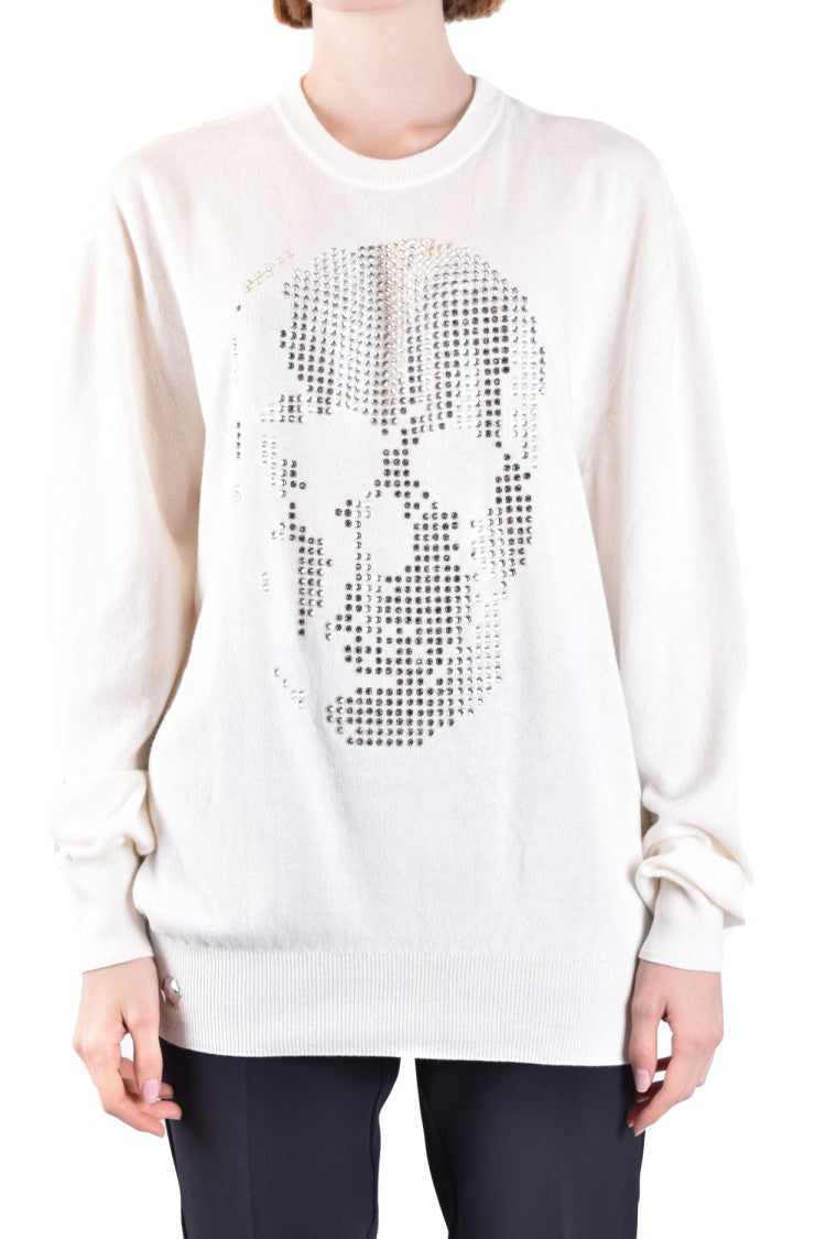 Philipp Plein Relaxed Fit White Sweater Metallic Skull