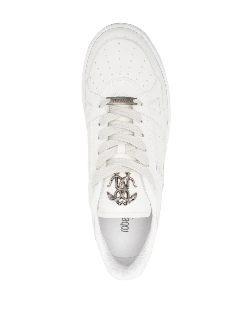 Roberto Cavalli Beige Leather Casual Trainers With Perforated Detailing