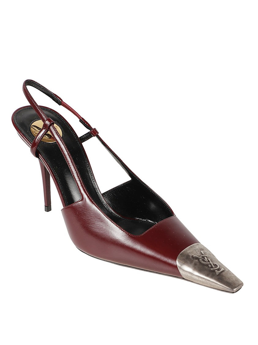Saint Laurent Pointed Toe High-Heeled Pumps With Metallic Cap And Slingback Strap