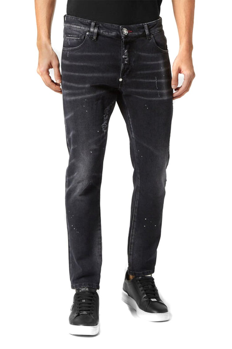 Philipp Plein Slim Fit Distressed Black Denim Jeans With Five-Pocket Design