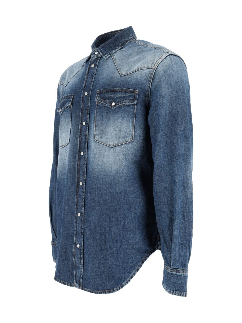 Dondup Denim Shirt With Classic Collar And Faded Wash