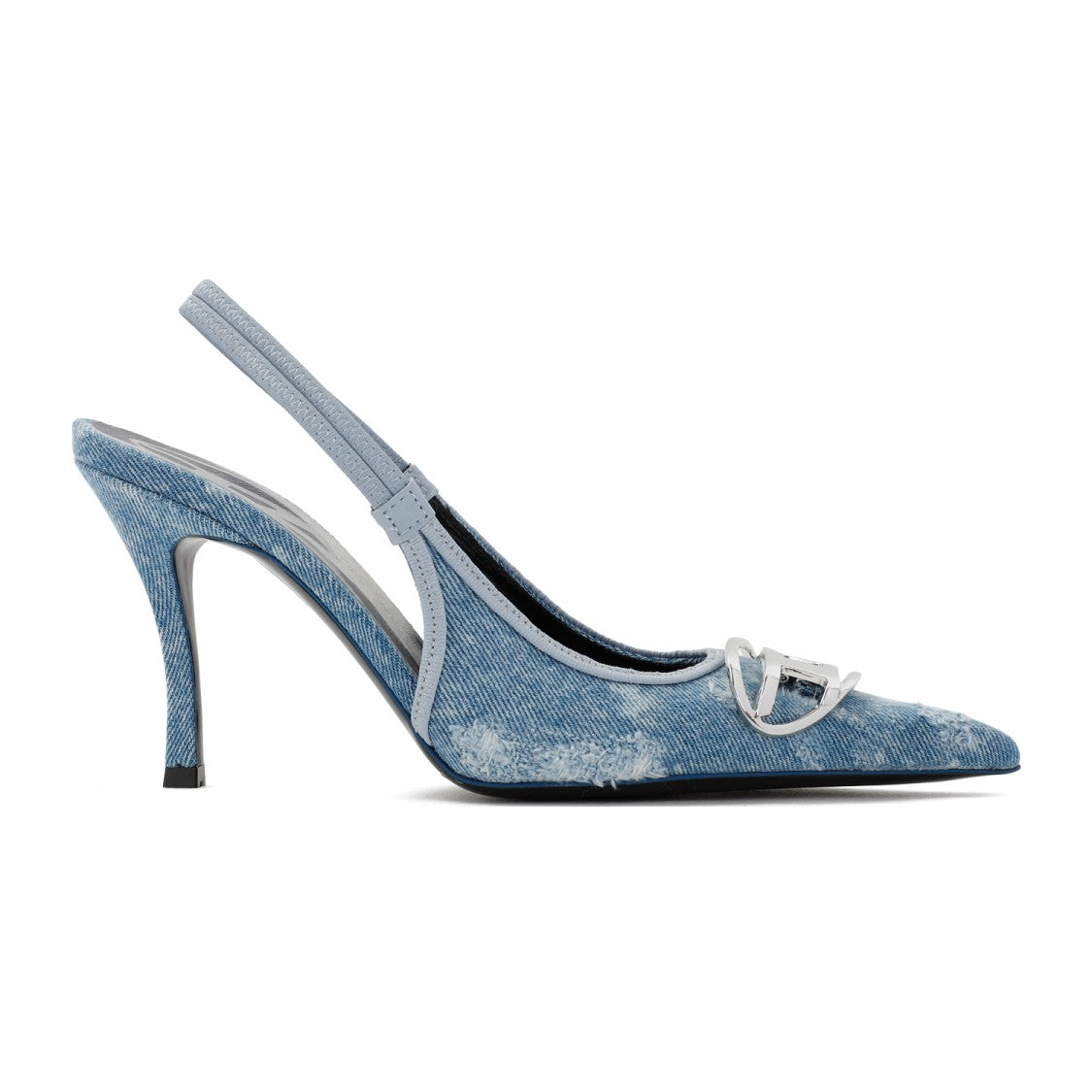 Diesel Distressed Denim Look Pointed-Toe Pumps With Silver-Tone Buckle
