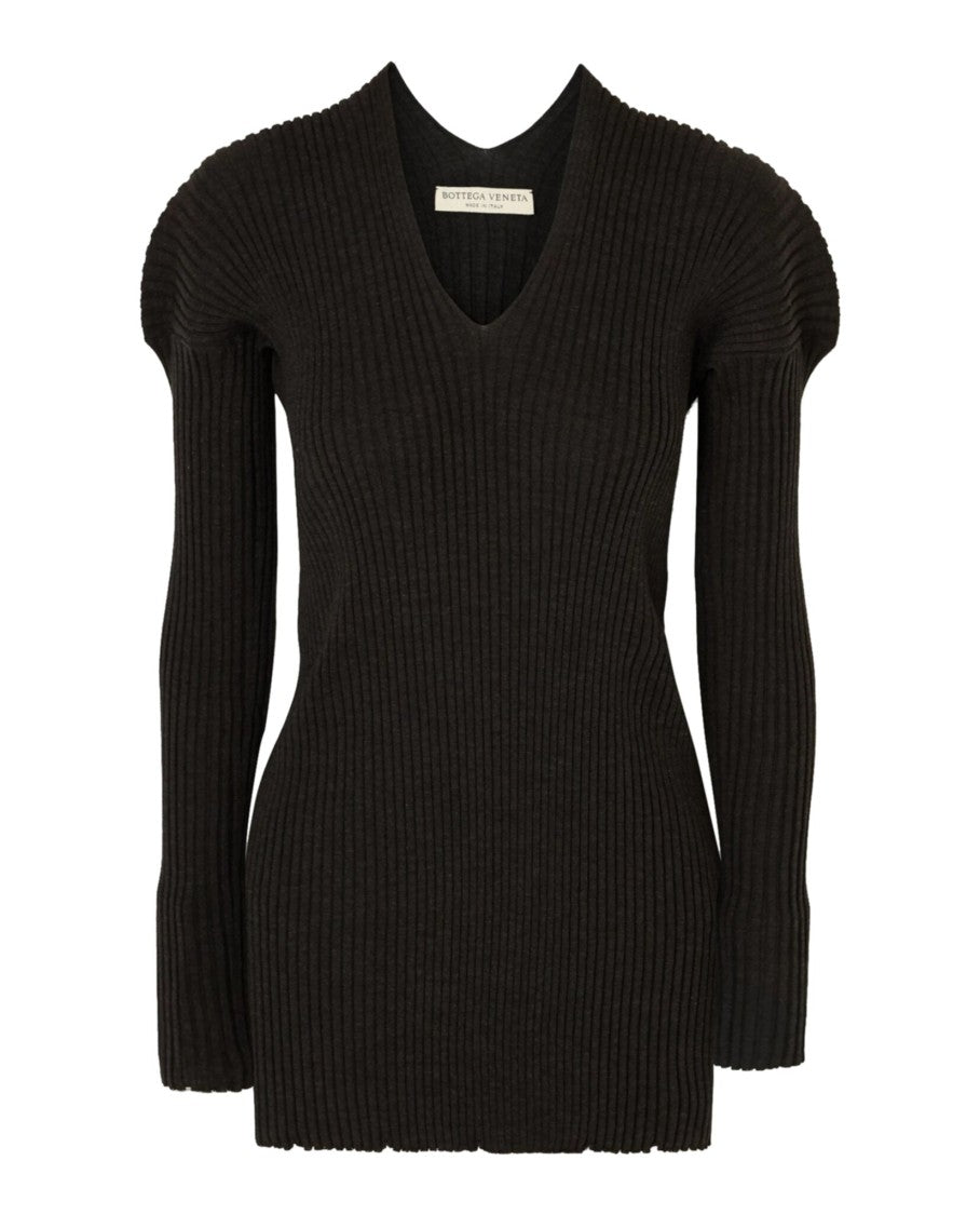 Bottega Veneta Fitted Ribbed Knit Sweater With V-Neckline And Lettuce-Trim Hem