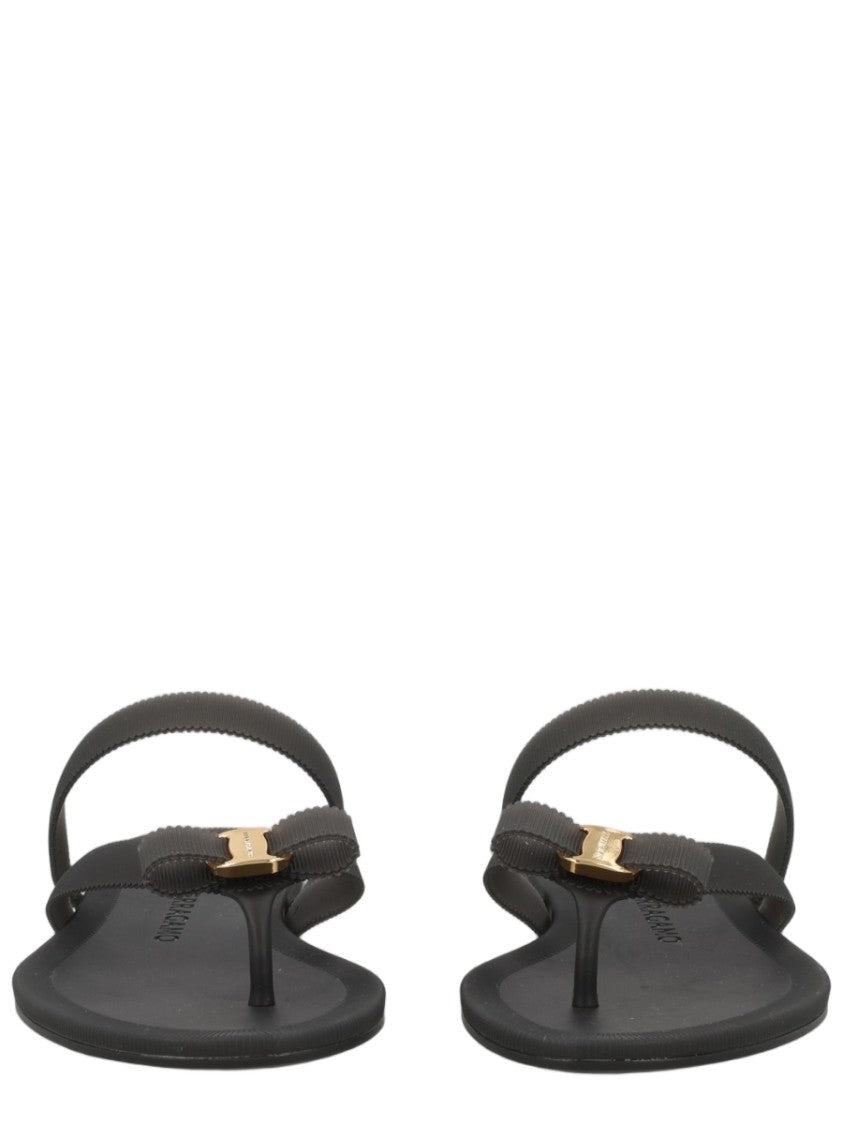 Ferragamo Black Rubber Thong Metallic Accent Sandals