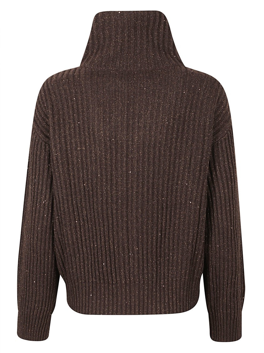 Brunello Cucinelli Cropped Ribbed Knit Sweater With High Collar And Front Zipper