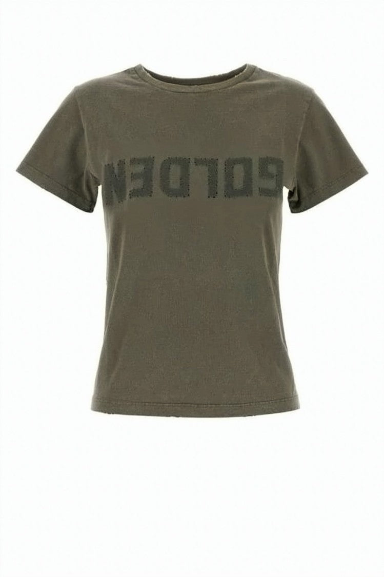Golden Goose Cropped Green T-Shirt With Reversed Text Print