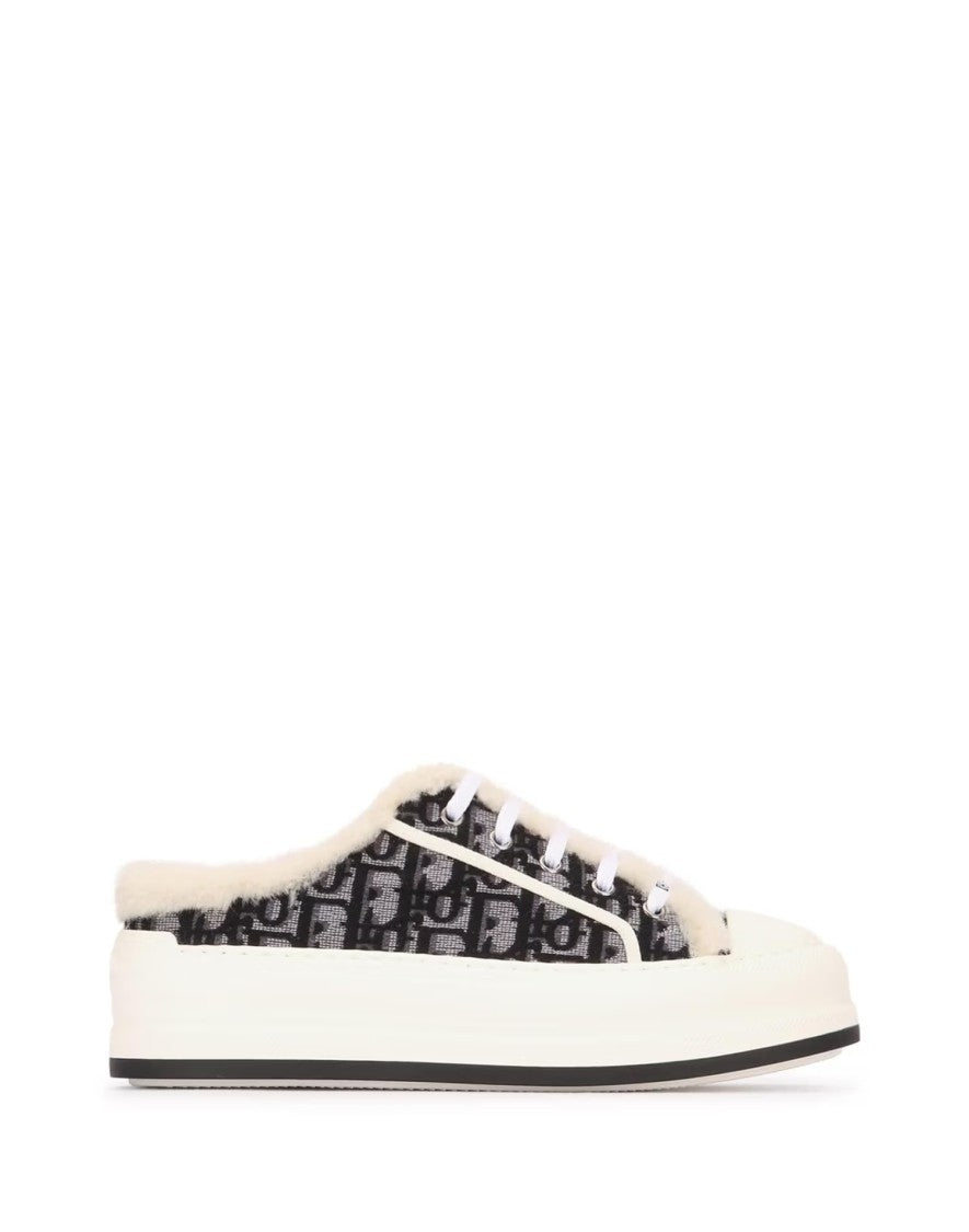 Christian Dior Black Monogram Pattern Shearling Slip-On Sneakers