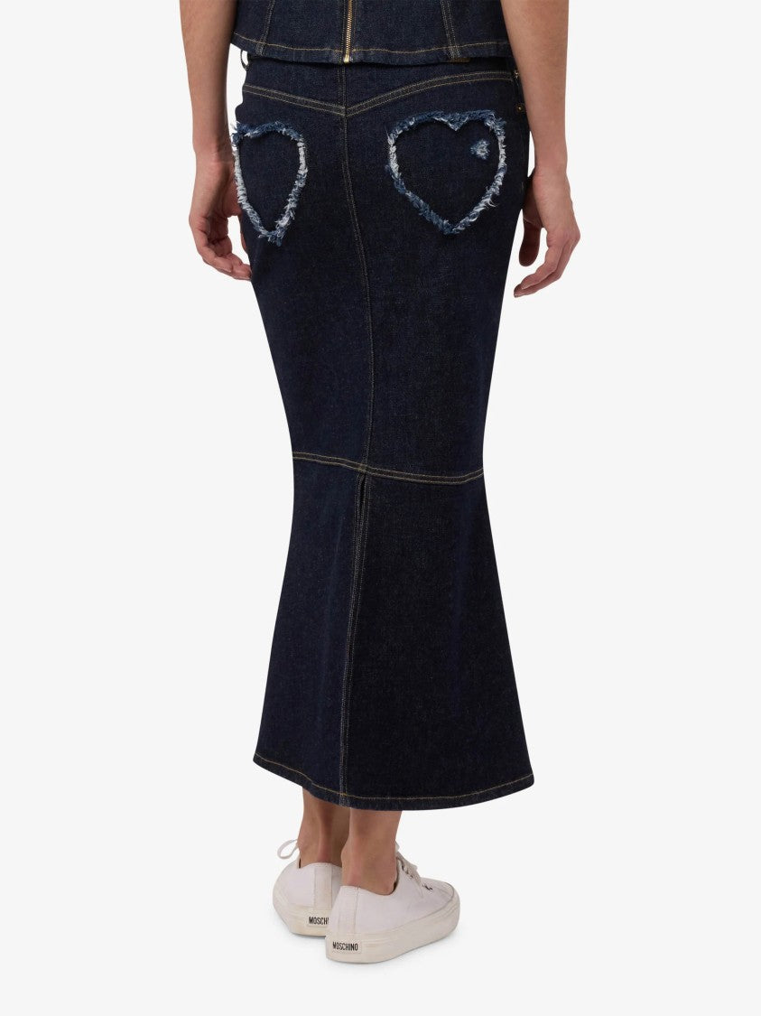 Moschino Blue Fitted Denim Midi Skirt With Hearts