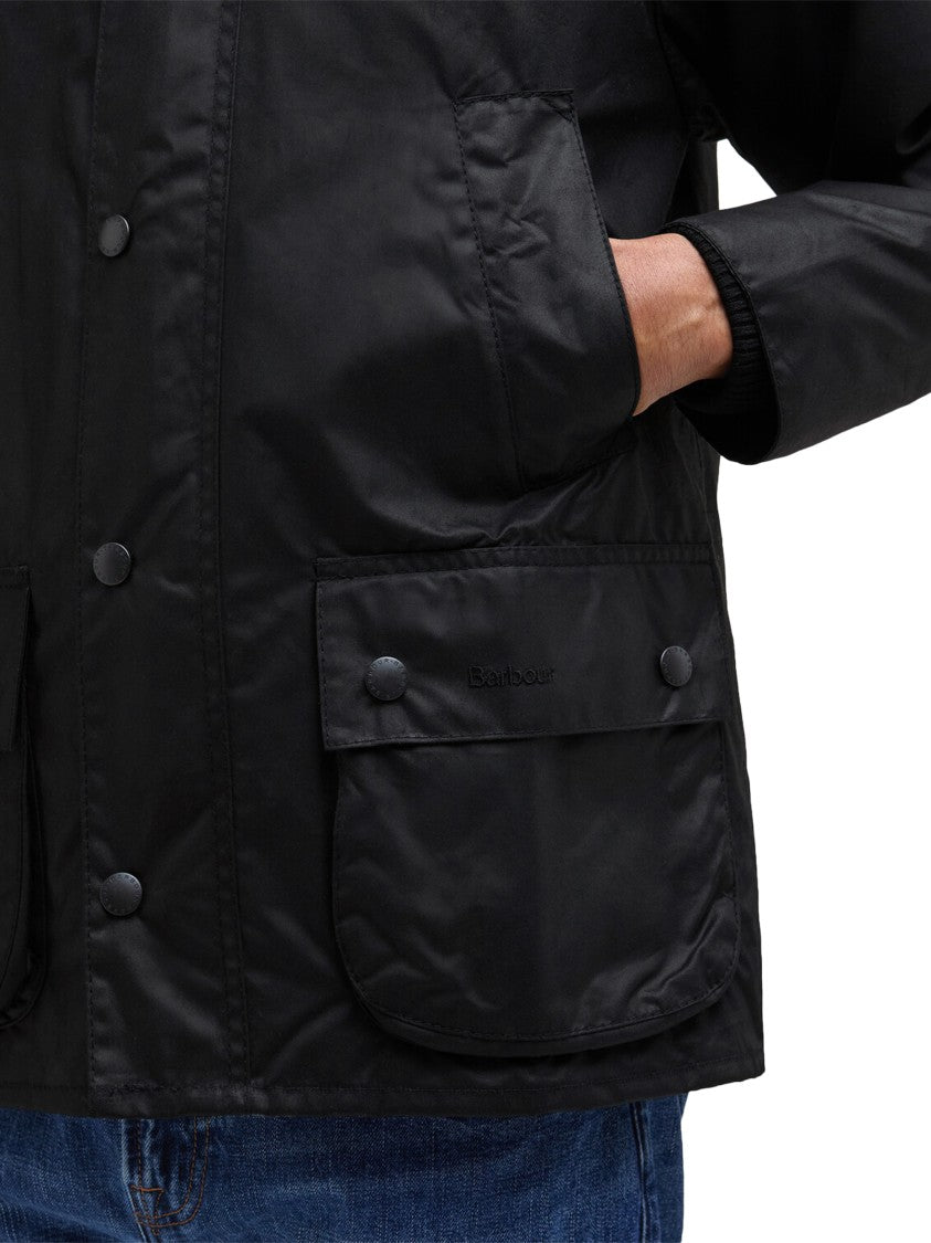 Barbour Waxed Cotton Jacket With Corduroy Collar And Flap Pockets
