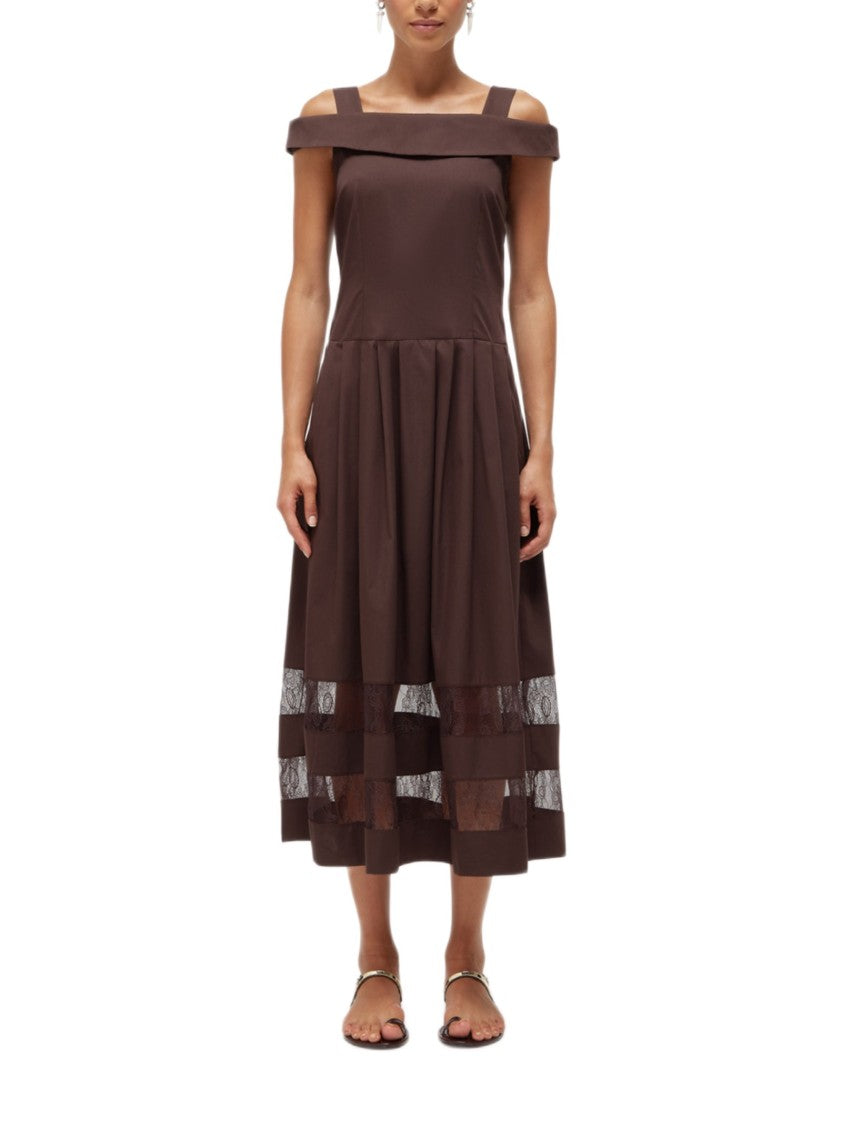 Blugirl Midi Dress With Off-Shoulder Bardot Neckline And Floral Lace Accents