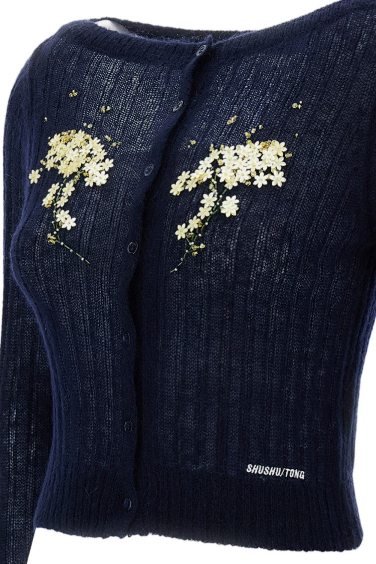 Shushu/Tong Blue Beaded Floral Embellished Wool-Blend Cardigan