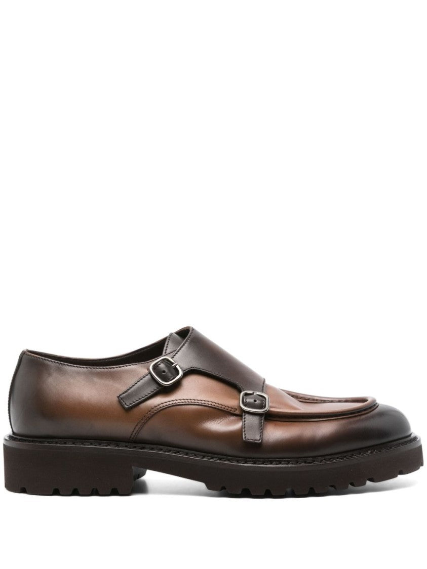 Doucal's Brown Polished Calf Leather Double Buckle Shoes