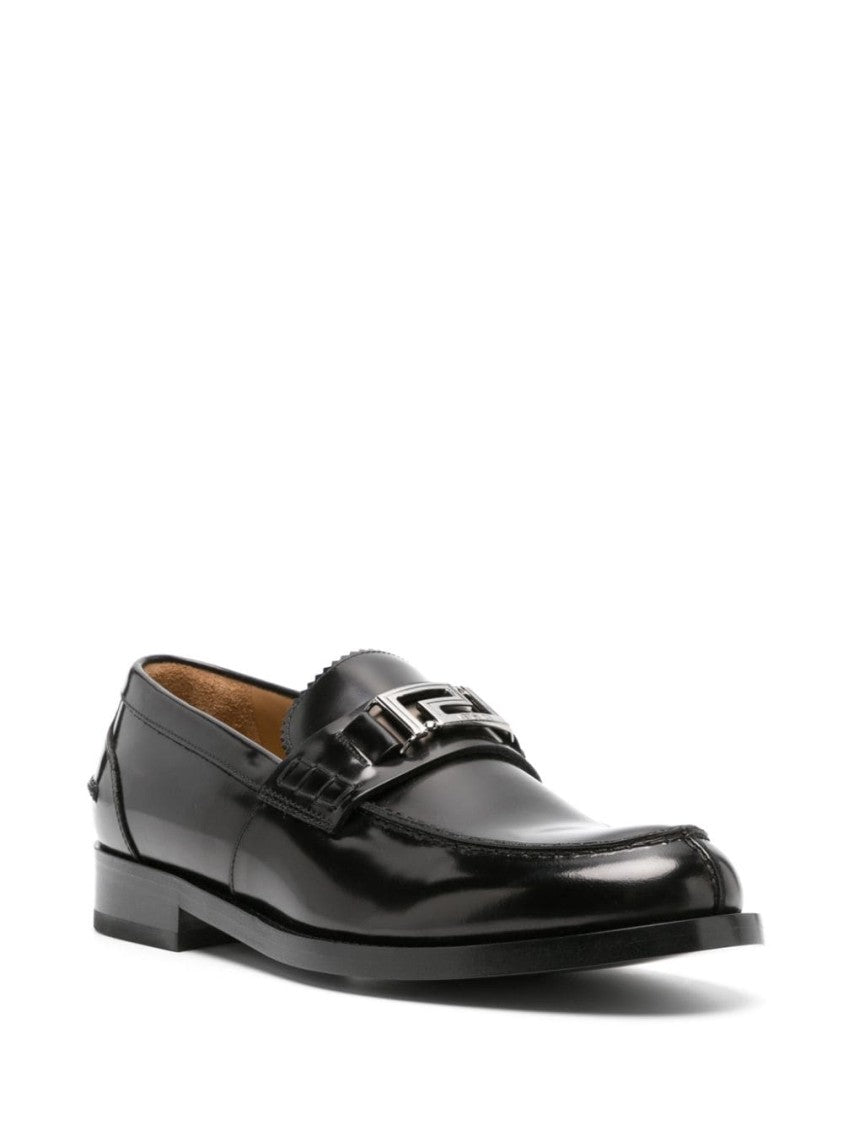 Versace Signature Greca Black Calf Leather Flat Shoes