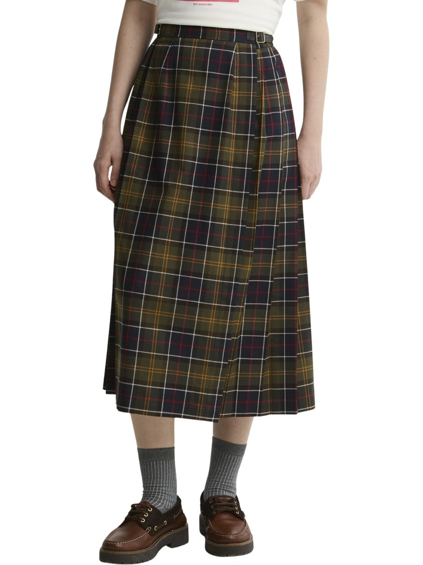 Barbour Tartan Midi Skirt With Pleated Volume And Structured Waist