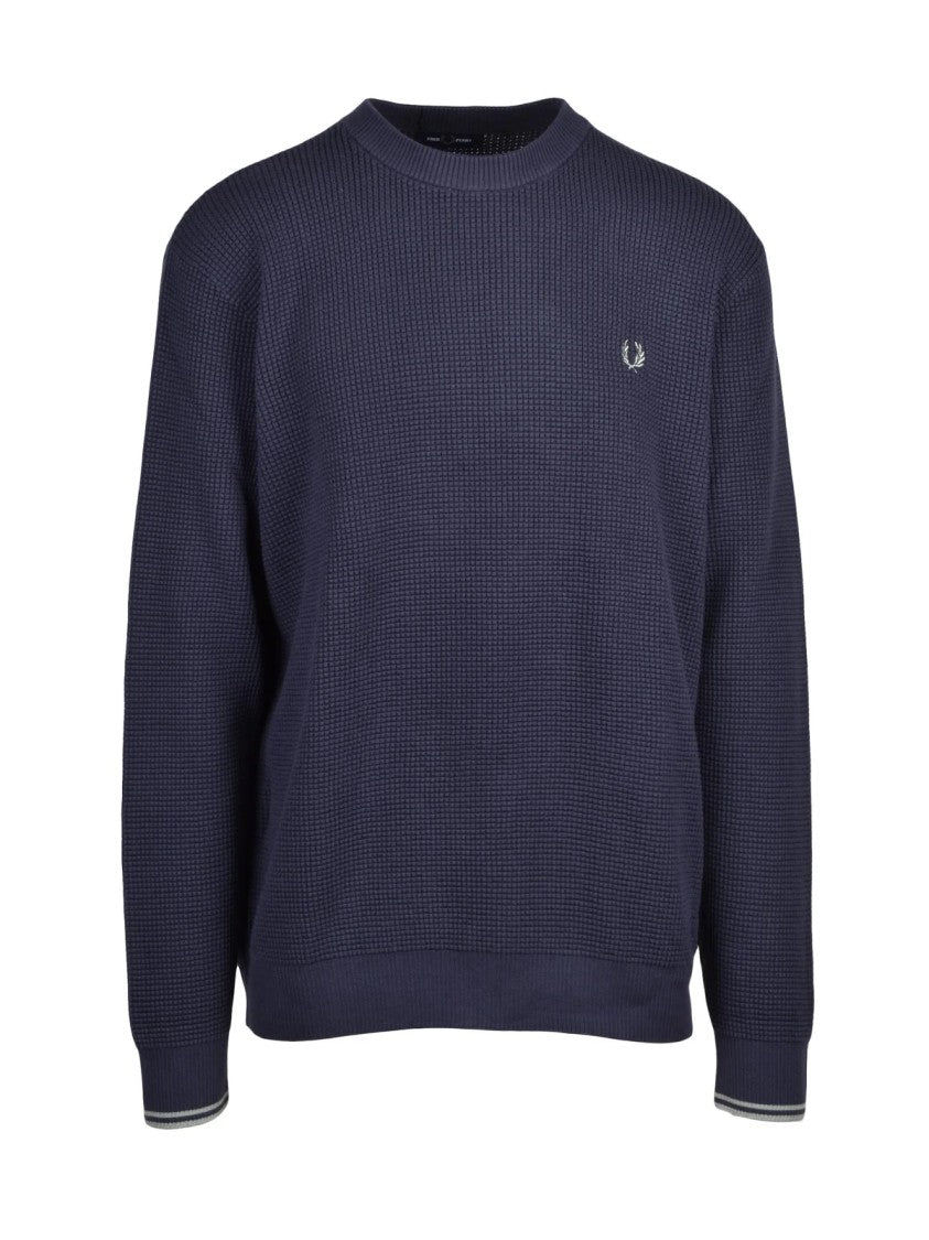 Fred Perry Blue Textured Cotton Crewneck Sweater
