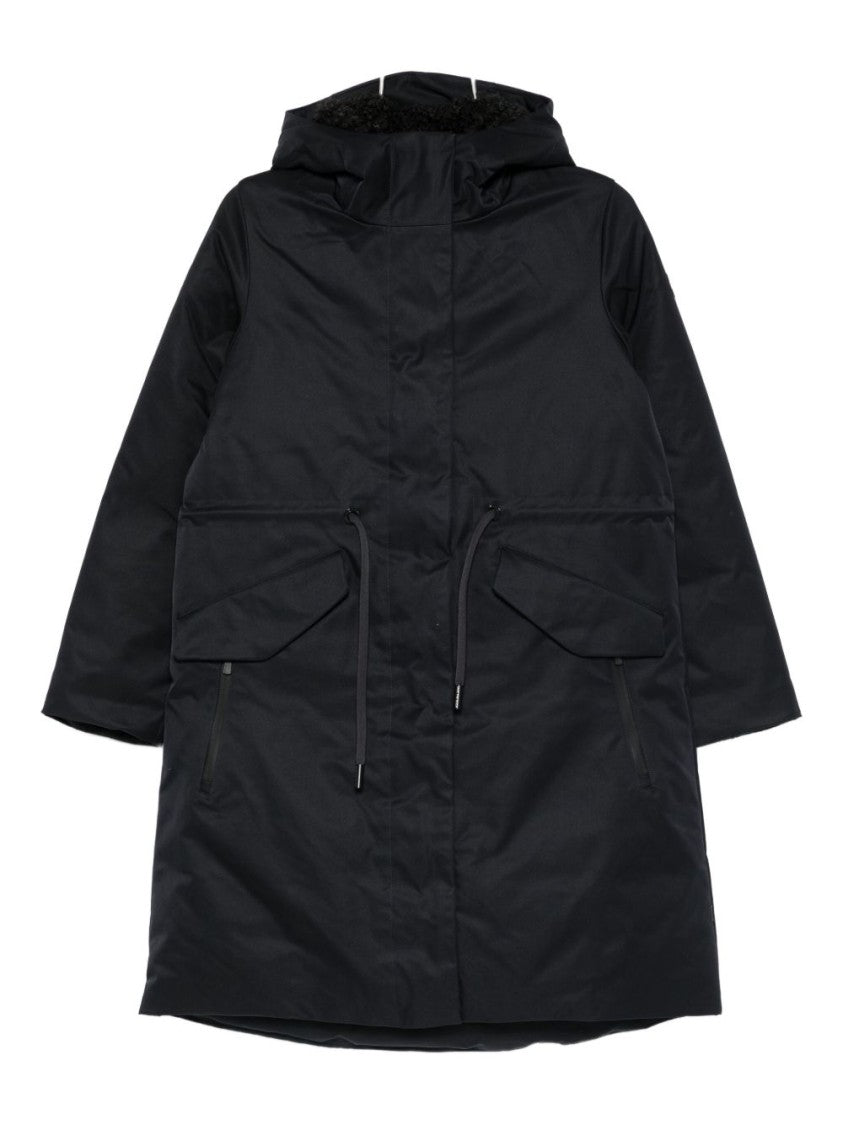 Save The Duck Mid-Length Black Coat With Adjustable Hood