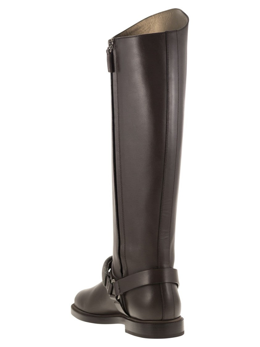 Brunello Cucinelli Mat Calf Boots With Precious Ribbed Strap