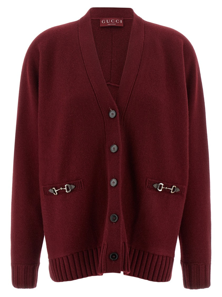 Gucci Comfort Fit Burgundy Cardigan With Trompe L'oeil Pockets